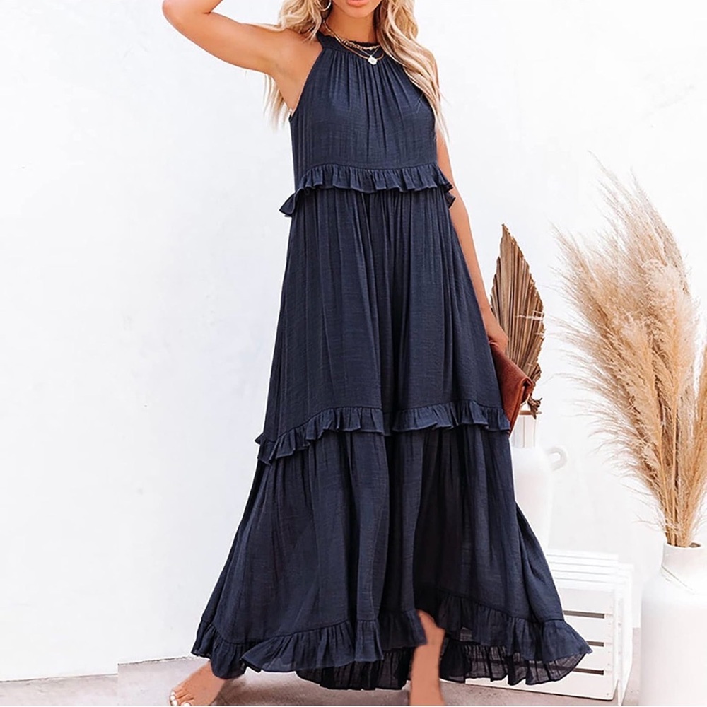 Blue Halter Ruffle Tiered Maxi Dress, Tied Keyhole Opening in Back, Size Small. - Picture 1 of 13